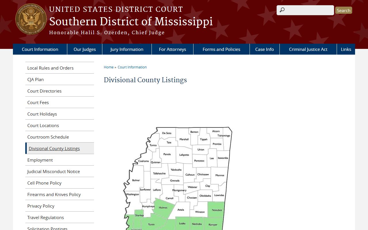 Holmes County federal court dockets Southern District Mississippi divisional county records listing