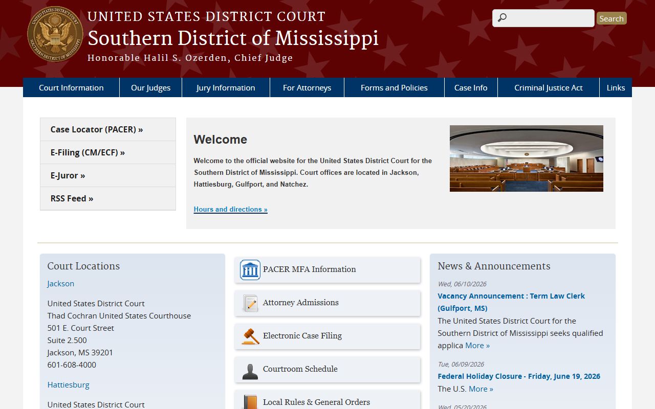 Holmes County federal court dockets Southern District of Mississippi court records homepage
