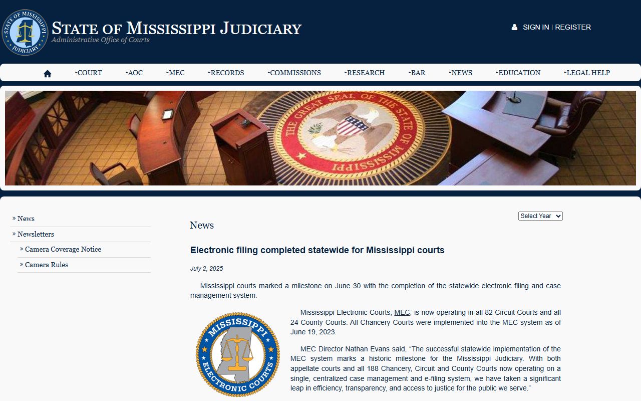 Holmes County court dockets statewide Mississippi Electronic Courts records announcement