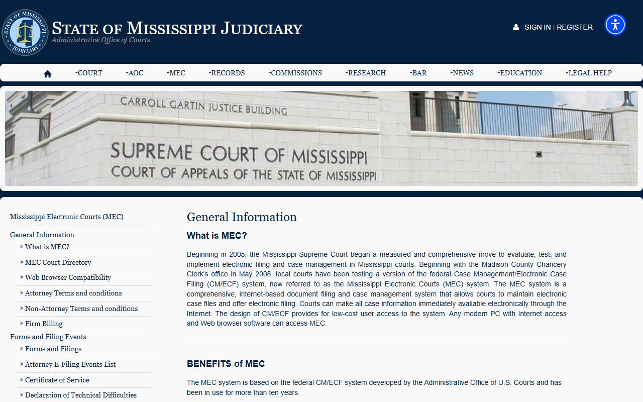Holmes County court records fields described on the Mississippi Electronic Courts general information page