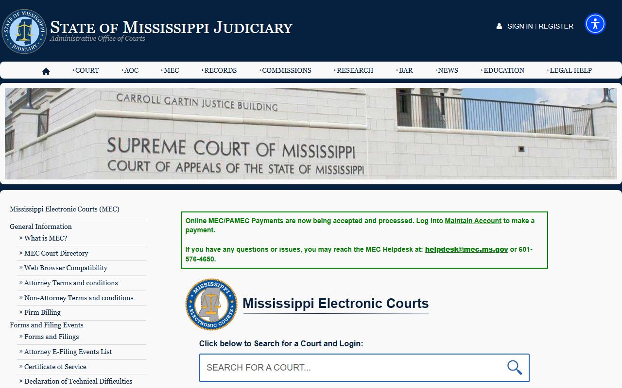 Holmes County court records access through the Mississippi Electronic Courts system