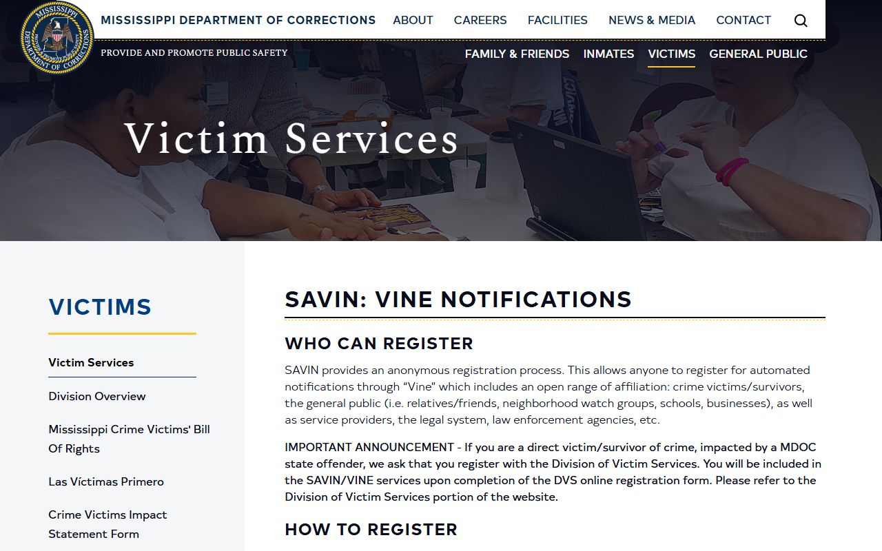 Holmes County jail and inmate SAVIN notification setup on the Mississippi MDOC victim services page