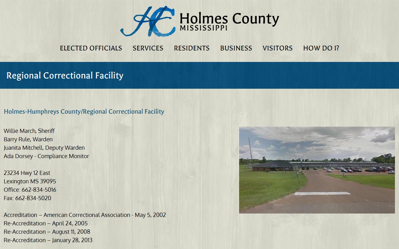 Holmes County regional correctional facility page used for inmate and jail roster lookups