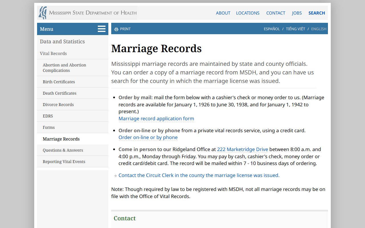 Holmes County marriage records order options through Mississippi vital records