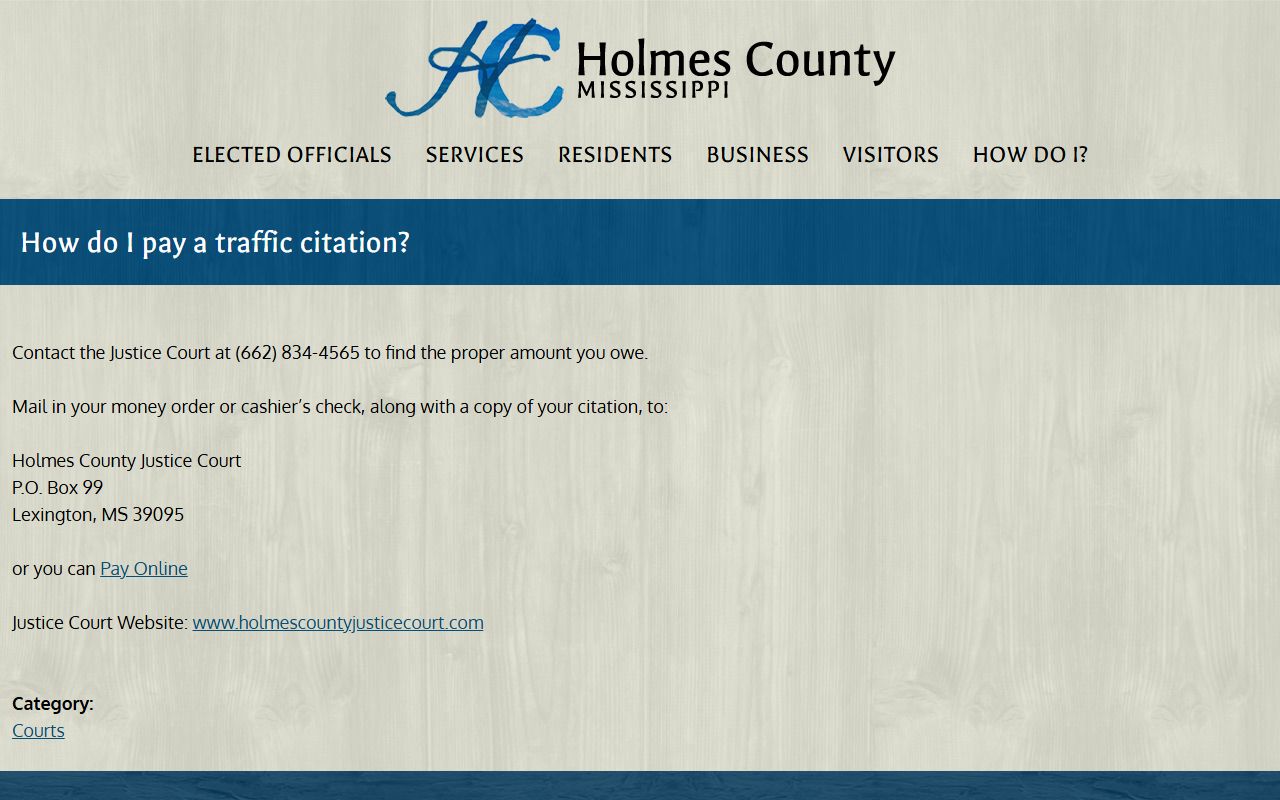 Holmes County traffic citation payment instructions for traffic court records